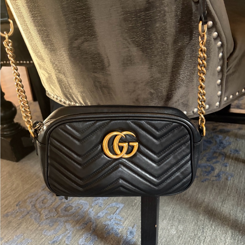 Authentic Gucci Black Chevron Crossbody Bag with Gold Chain